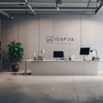 Oficinas modernas con estanterías de diseño minimalista y estaciones de trabajo ordenadas