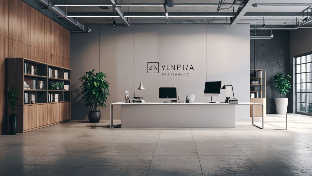 Oficinas modernas con estanterías de diseño minimalista y estaciones de trabajo ordenadas