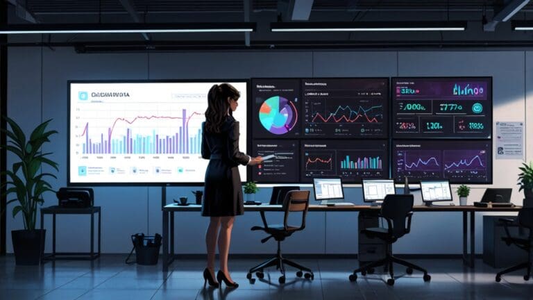 Oficinas modernas de una startup tecnológica con pantallas mostrando gráficos de inteligencia artificial