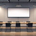 Sala de conferencias moderna con dispositivos tecnológicos minimalistas sobre la mesa
