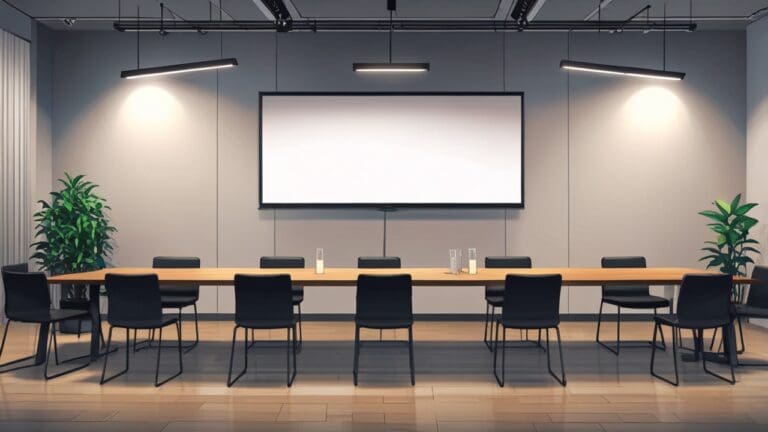 Sala de conferencias moderna con dispositivos tecnológicos minimalistas sobre la mesa