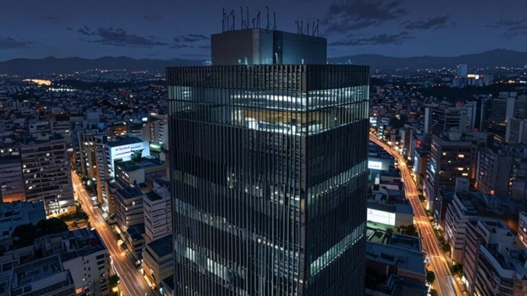 Vista aérea de un edificio moderno de oficinas en Ciudad de México con luces encendidas al anochecer, simbolizando inversión y tecnología