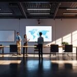 Sala de reuniones moderna con emprendedores trabajando en laptops, pantallas con gráficos de crecimiento y ambiente tecnológico