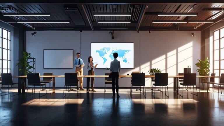 Sala de reuniones moderna con emprendedores trabajando en laptops, pantallas con gráficos de crecimiento y ambiente tecnológico