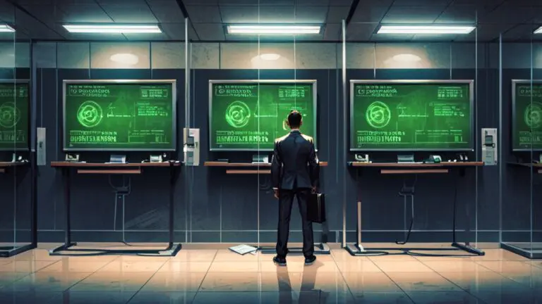 Oficina moderna con pantallas que muestran gráficos de ciberseguridad y redes bancarias, con ambiente tecnológico y profesional