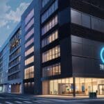 Moderno edificio tecnológico con logotipos de startups y ambiente corporativo