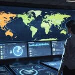 Oficina moderna con pantallas mostrando mapas digitales y datos comerciales en una interfaz tecnológica