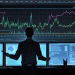 Oficina moderna con ordenadores y pantallas mostrando gráficos de datos sobre derechos de autor en un entorno digital