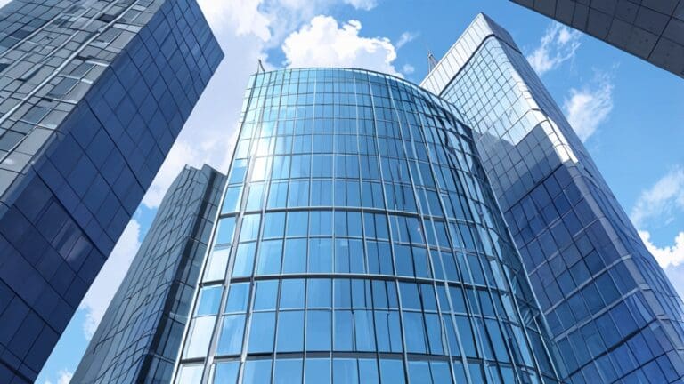 Moderno edificio corporativo tecnológico en una ciudad latinoamericana con cielo despejado