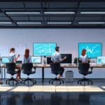 Oficina moderna de una startup tecnológica con equipos y pantallas digitales.