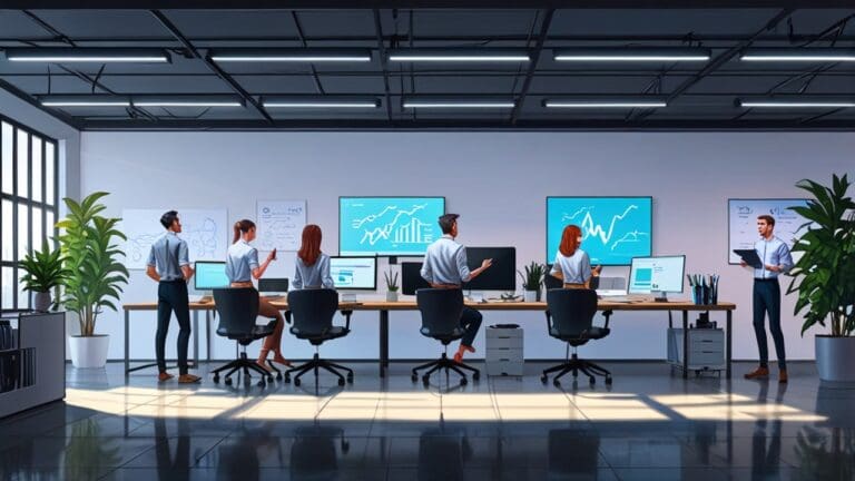 Oficina moderna de una startup tecnológica con equipos y pantallas digitales.