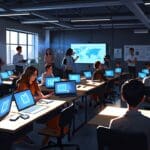 Salón moderno con jóvenes emprendedores trabajando en laptops durante un programa de aceleración empresarial