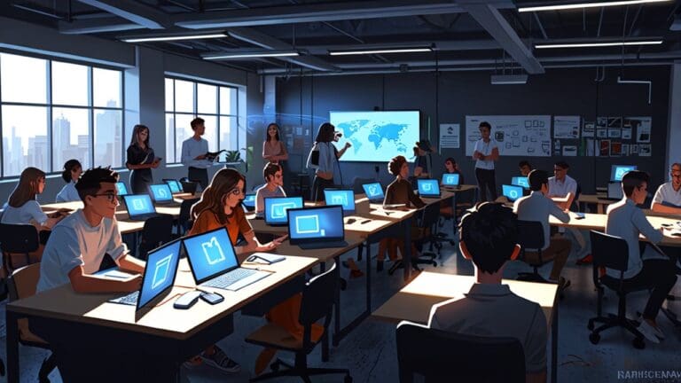 Salón moderno con jóvenes emprendedores trabajando en laptops durante un programa de aceleración empresarial