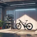 Interior de un taller tecnológico moderno con una bicicleta de diseño futurista apoyada frente a estanterías con componentes electrónicos