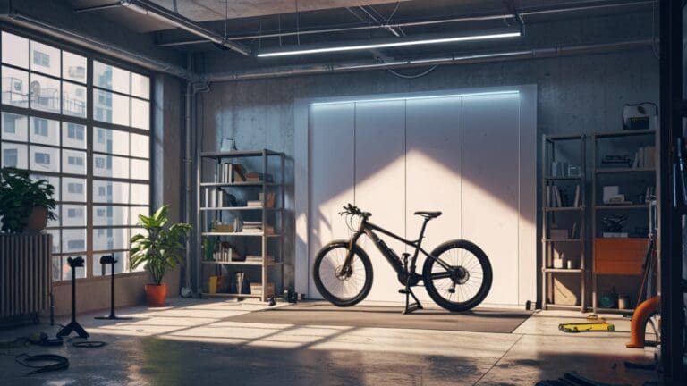 Interior de un taller tecnológico moderno con una bicicleta de diseño futurista apoyada frente a estanterías con componentes electrónicos