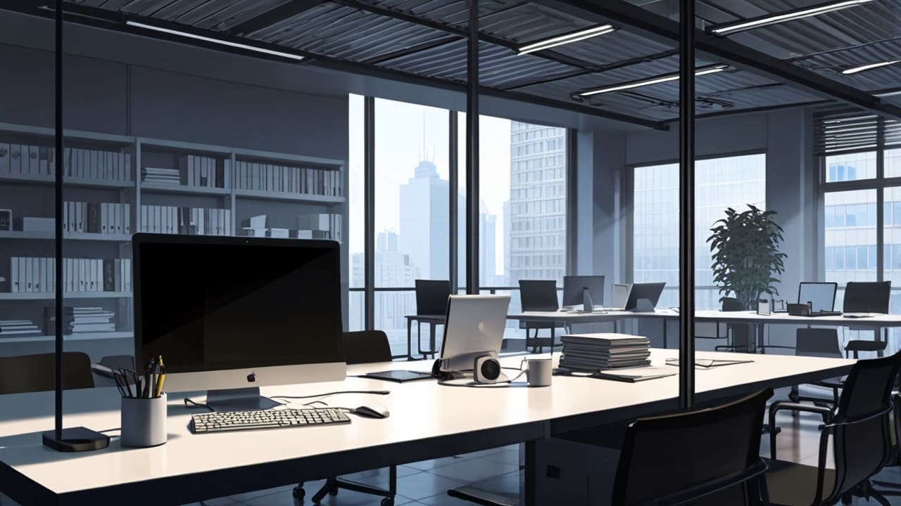 Oficinas modernas con ventanas amplias, escritorios organizados y ambiente corporativo, con laptops y documentos legales sobre la mesa