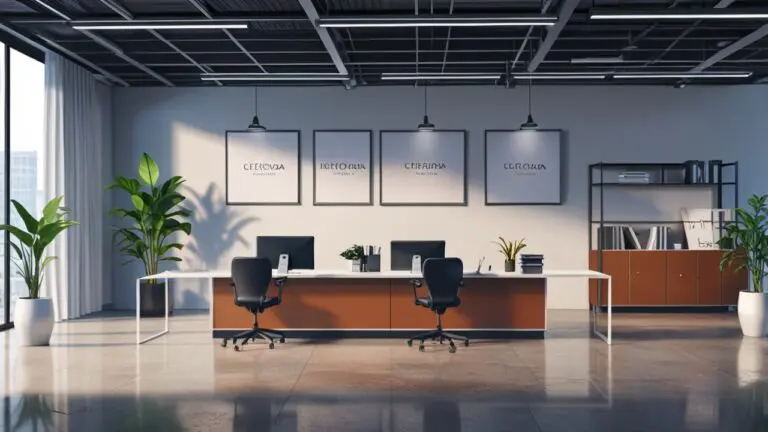 Oficina moderna con mesas de trabajo y pantallas en un entorno corporativo tecnológico