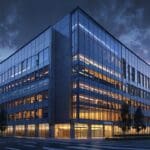 Edificios de oficinas modernas en un centro tecnológico al amanecer