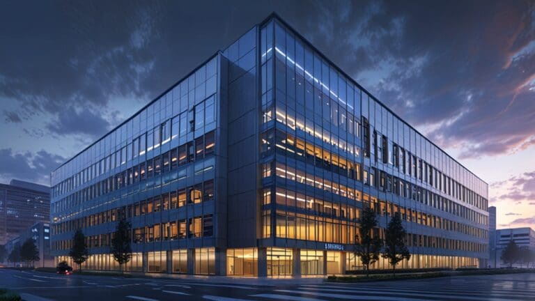 Edificios de oficinas modernas en un centro tecnológico al amanecer