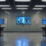 Interior de un moderno centro de investigación tecnológica con pantallas de código y servidores.