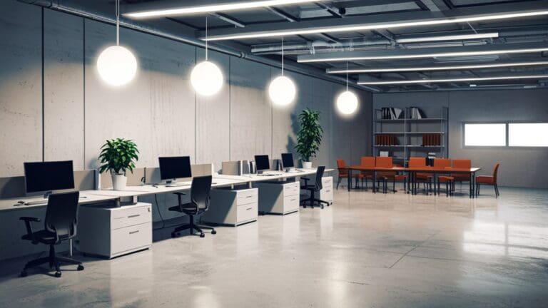 Oficinas modernas de una empresa tecnológica con dispositivos electrónicos sobre mesas minimalistas