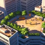 Vista aérea de oficinas modernas de una fintech rodeadas de vegetación en un entorno urbano al amanecer