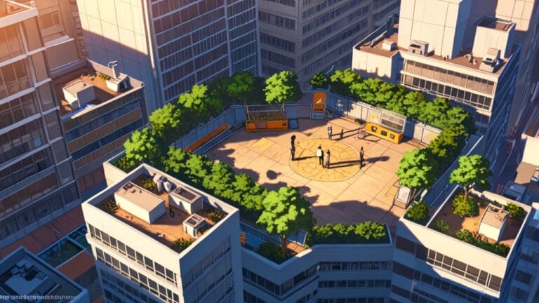 Vista aérea de oficinas modernas de una fintech rodeadas de vegetación en un entorno urbano al amanecer