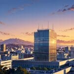 Vista panorámica de edificios modernos y oficinas tecnológicas en Córdoba al amanecer