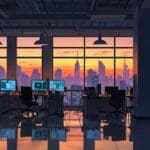 Oficinas modernas y tecnológicas de una startup al amanecer, con estaciones de trabajo equipadas.