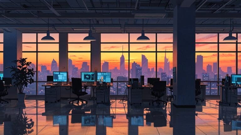Oficinas modernas y tecnológicas de una startup al amanecer, con estaciones de trabajo equipadas.