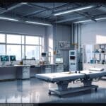 Interior moderno de laboratorio tecnológico con equipos de innovación y pantallas con gráficos científicos