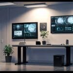 Interior de una oficina moderna con pantallas que muestran editores de video e interfaces de inteligencia artificial, ambiente tecnológico y corporativo