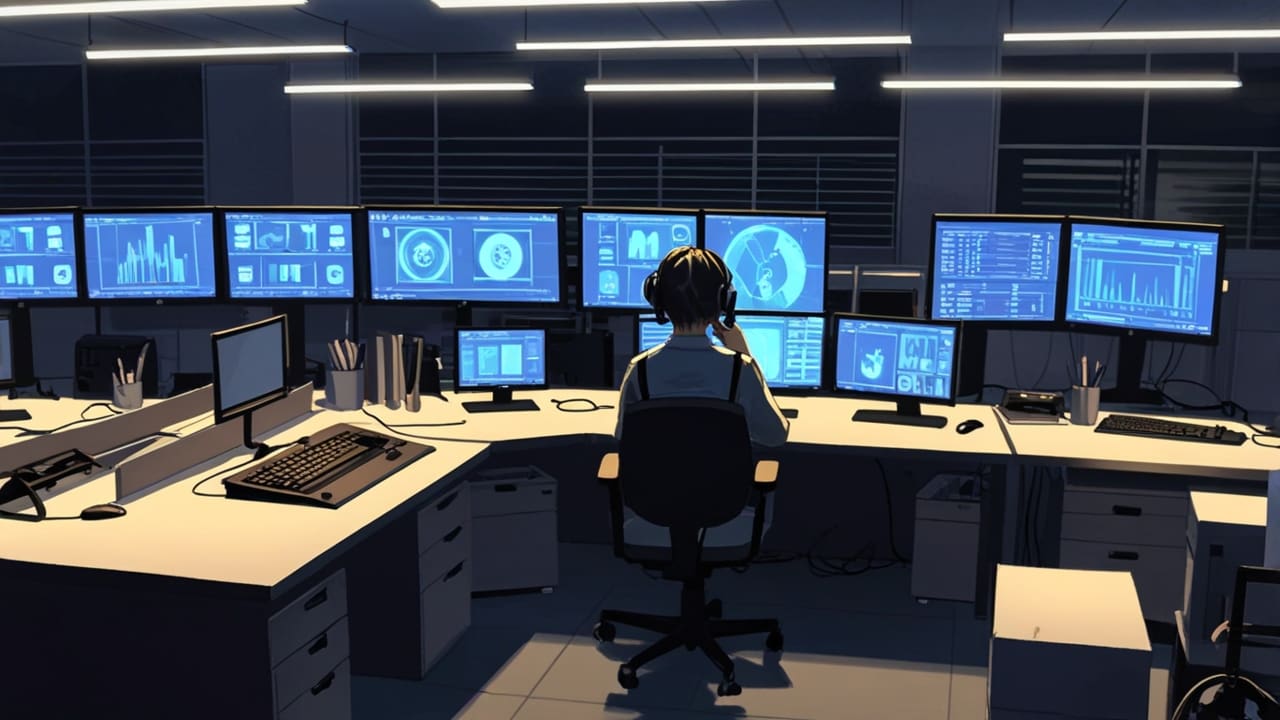 Oficina moderna con computadores y pantallas mostrando aplicaciones de inteligencia artificial.