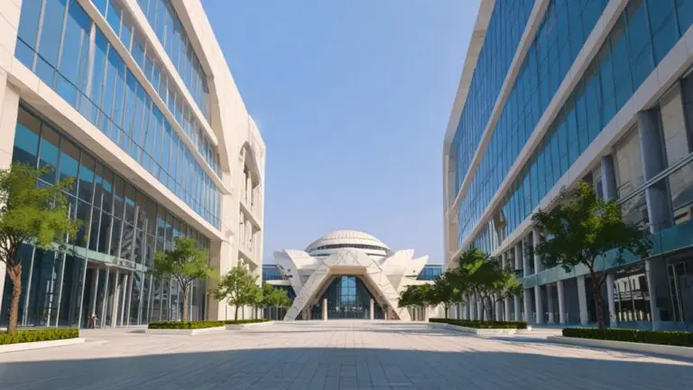 Exterior de un moderno centro de innovación tecnológica en Abu Dhabi con cielos despejados y arquitectura contemporánea