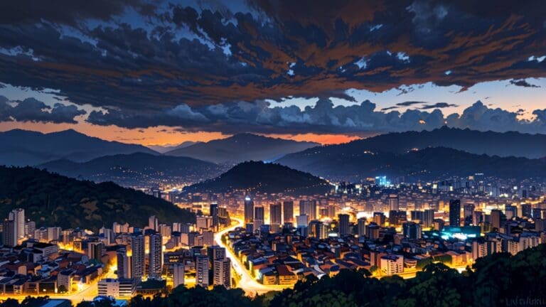 Vista panorámica de Medellín con edificios modernos y centros de innovación tecnológica iluminados al anochecer
