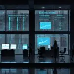 Oficinas tecnológicas modernas con pantallas mostrando datos de inteligencia artificial en un entorno corporativo en Ciudad de México