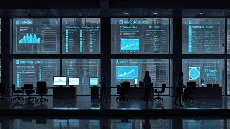 Oficinas tecnológicas modernas con pantallas mostrando datos de inteligencia artificial en un entorno corporativo en Ciudad de México