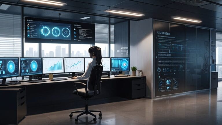 Interior de una oficina tecnológica moderna con pantallas mostrando videos generados por inteligencia artificial, ambiente profesional y futurista