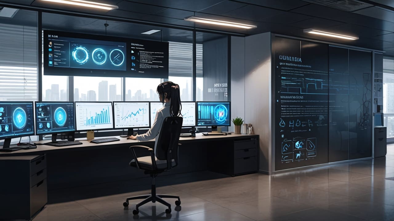 Interior de una oficina tecnológica moderna con pantallas mostrando videos generados por inteligencia artificial, ambiente profesional y futurista