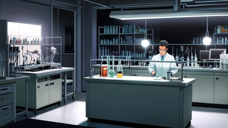 Primer plano de un laboratorio moderno con tubos de ensayo en una mesa de trabajo iluminada y dispositivos médicos de diagnóstico al fondo