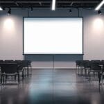 Moderna sala de conferencias con dispositivos tecnológicos sobre la mesa y fondos de pantalla de estadísticas.