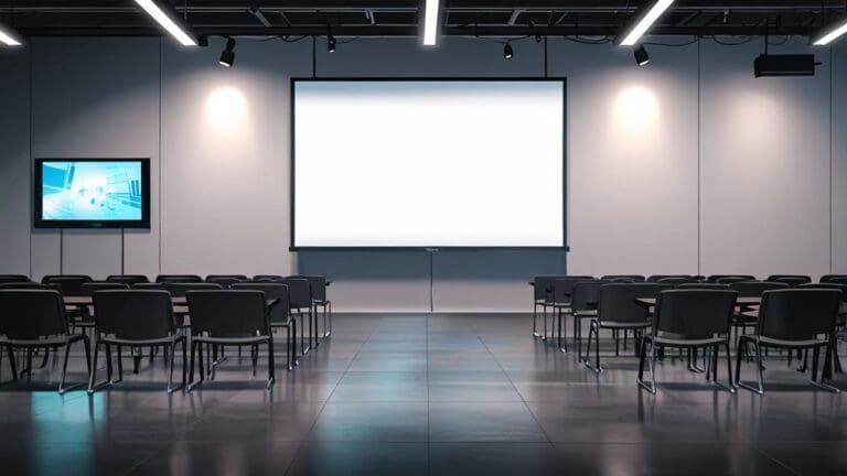Moderna sala de conferencias con dispositivos tecnológicos sobre la mesa y fondos de pantalla de estadísticas.