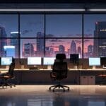 Oficina moderna con computadoras y sillas ergonómicas, vista urbana de fondo, luz natural