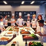 Ambiente moderno de cocina profesional dentro de una incubadora de startups con chefs y emprendedores reunidos alrededor de una mesa de trabajo