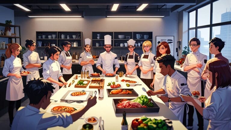 Ambiente moderno de cocina profesional dentro de una incubadora de startups con chefs y emprendedores reunidos alrededor de una mesa de trabajo