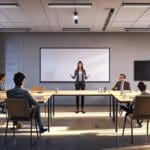 Sala de reuniones moderna con emprendedores analizando ideas tecnológicas frente a pantallas digitales