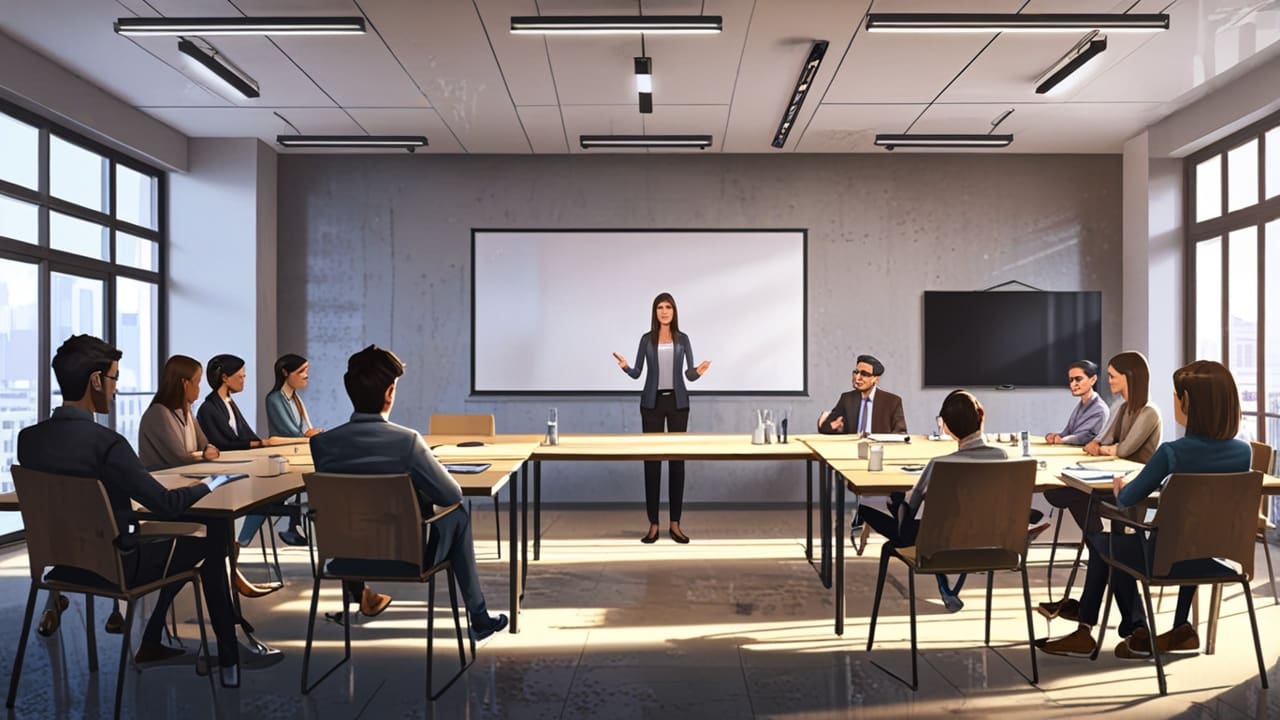 Sala de reuniones moderna con emprendedores analizando ideas tecnológicas frente a pantallas digitales