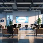 Oficinas modernas con mobiliario tecnológico y pantallas digitales en un centro de innovación empresarial