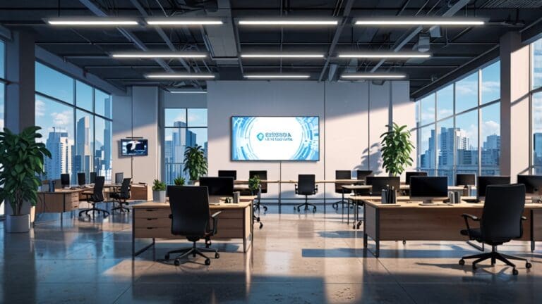 Oficinas modernas con mobiliario tecnológico y pantallas digitales en un centro de innovación empresarial