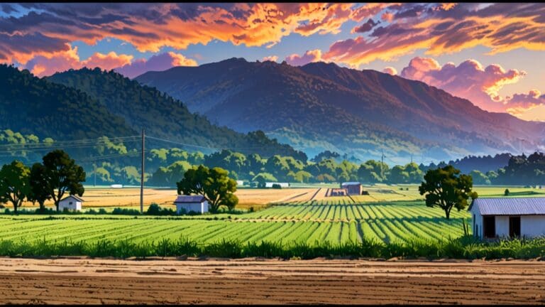 Paisaje rural con pequeñas construcciones modernas rodeadas de montañas y senderos turísticos, bajo cielo despejado